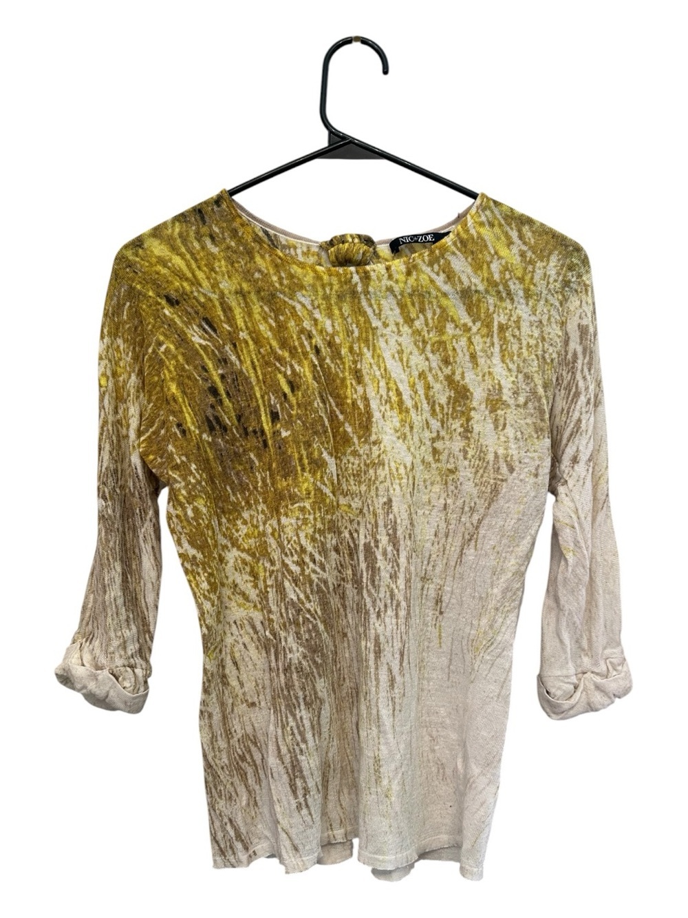 NIC+ZOE Linen Blend 3/4 Sleeve Top in Mustard and Cream Splatter Design SP